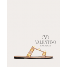 Real quality fake valentino canada Flat Roman Stud Calfskin Slide Sandal for Woman in Rose Cannelle