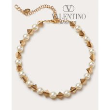 fakes valentino Ottawa Rockstud Metal And Swarovski® Pearl Necklace for Woman in Gold