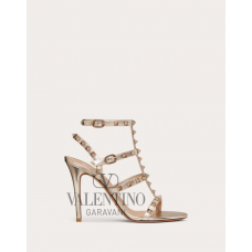 reps valentino canada locations Rockstud Metallic Calfskin Leather Ankle Strap Sandal 100 Mm for Woman in Skin