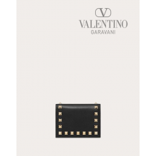 fakes valentino Ottawa Small Rockstud Calfskin Wallet for Woman in Black