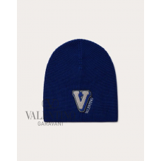 Shop fake valentino yorkdale toronto Wool Beanie With Embroidered V-3d Patch for Man in Blue