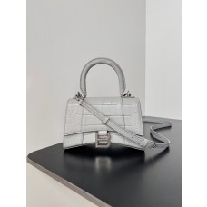 Balenciaga Hourglass Mini Handbag Crocodile Embossed Gray