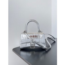 Balenciaga Hourglass Mini Handbag Metallized Crocodile Embossed Silver