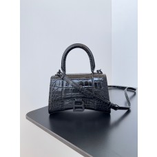 Balenciaga Mini Hourglass Handbag 19CM Crocodile Embossed All Black