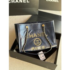 Chanel Medium Shopping Bag 33CM Calfskin Tweed Gold- one Navy A66941