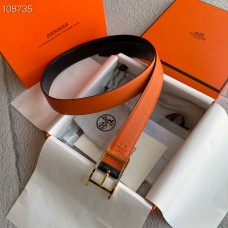 Hermes Women Reversible Leather Belt 32mm Grained Calfskin Orange